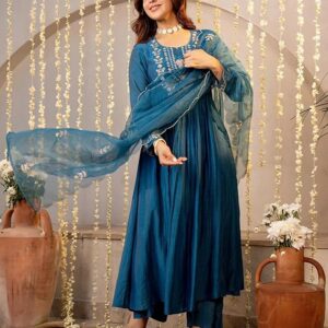 Nermosa Women Embroidery Solid A-Line Kurta and Pant Set with Dupatta